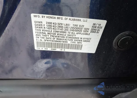 2019 Honda Passport Ex-L z USA, uszkodzony, nr VIN 5FNYF8H58KB019285